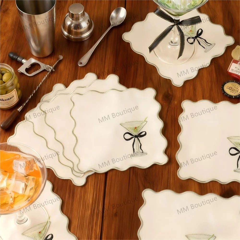 6Pcs Embroidered Martini Cocktail Coasters Individual Placemats Wavy-Edged Polyester Fabric Mats for Parties Bar Table Decor
