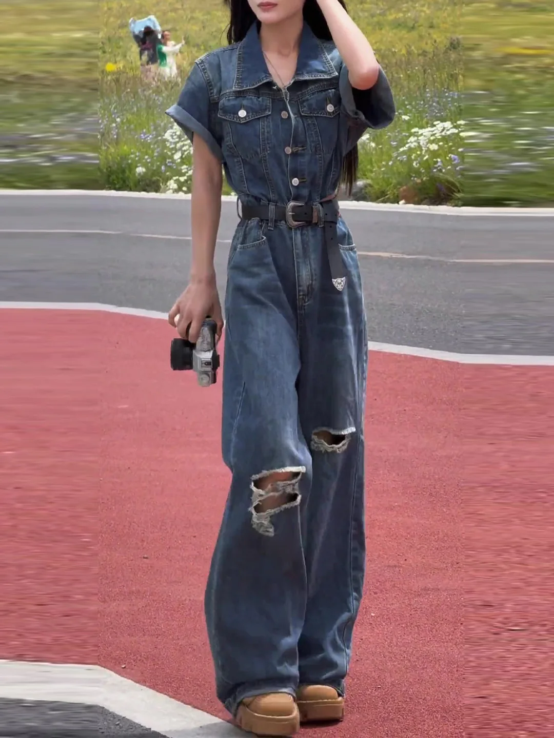 

Джинсовые комбинезоны с американской талией в стиле ретро, женские свободные широкие брюки для похудения, ранняя осень, новые повседневные длинные брюки с высокой талией