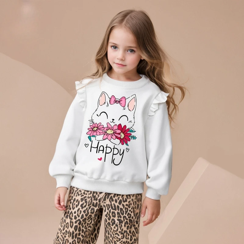 

2025 Autumn New Children's Long Sleeved Cute and Sweet Little Cat Lotus Leaf Flying Edge Loop Hoodie