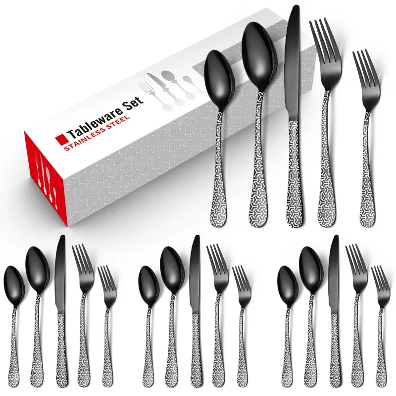 20PCS Household Tableware Set Stainless Steel Reusable PVD Black Plated Print Engraved Handle Christmas Suit Cutlery Knife Fork