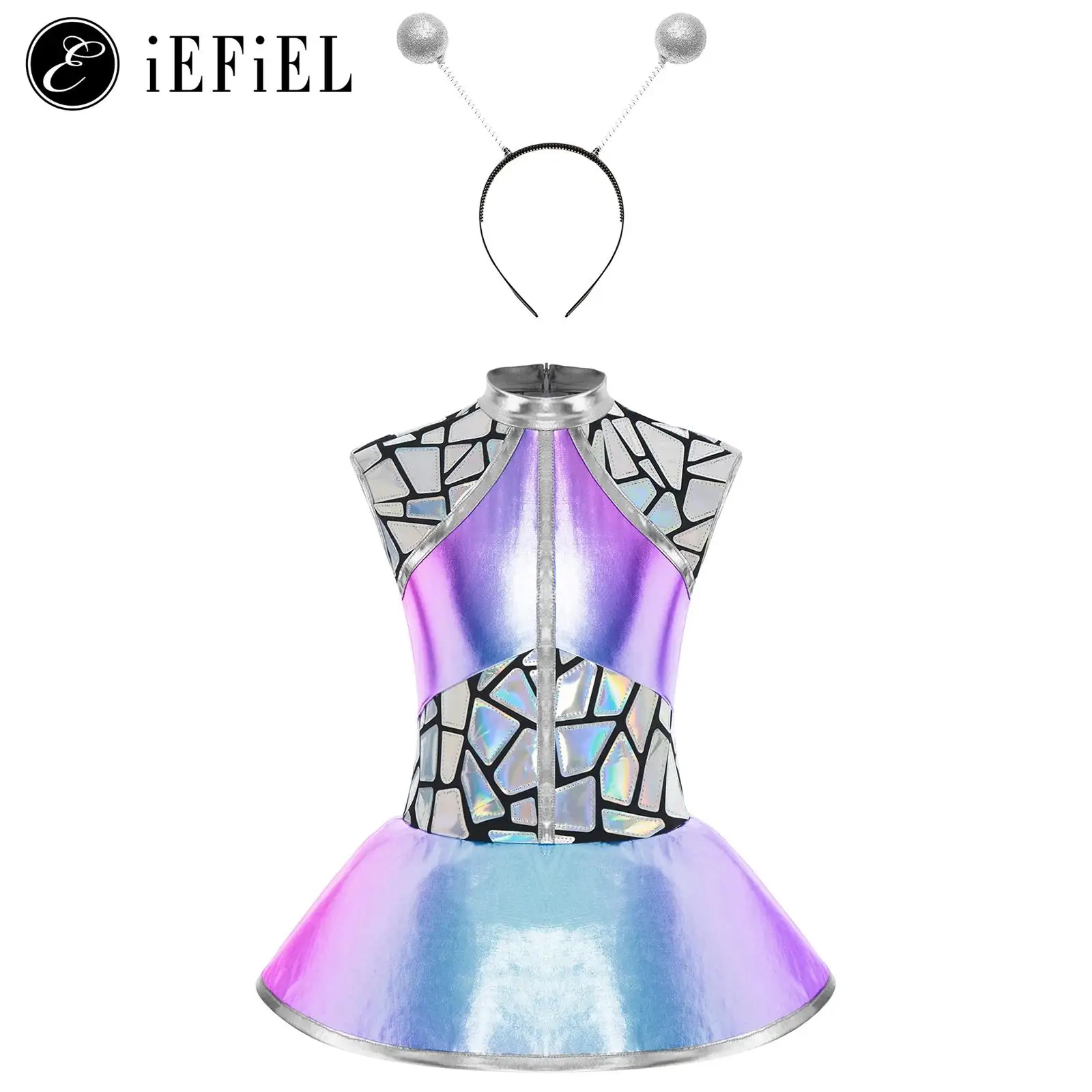

Girls Shiny Alien Outerspace Halloween Cosplay Costume Sleeveless Mock Zip Neck Tutu Dance Dress with Antenna Headband Sets