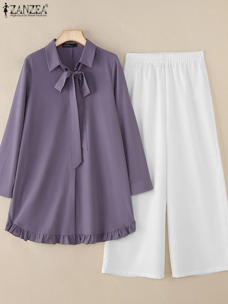 

ZANZEA Women Pant Sets 2025 Fashion Two-piece Outfits Solid Color Long Sleeve Bow Tie Elegant Tops Long Pants Casual Loose 2PCS