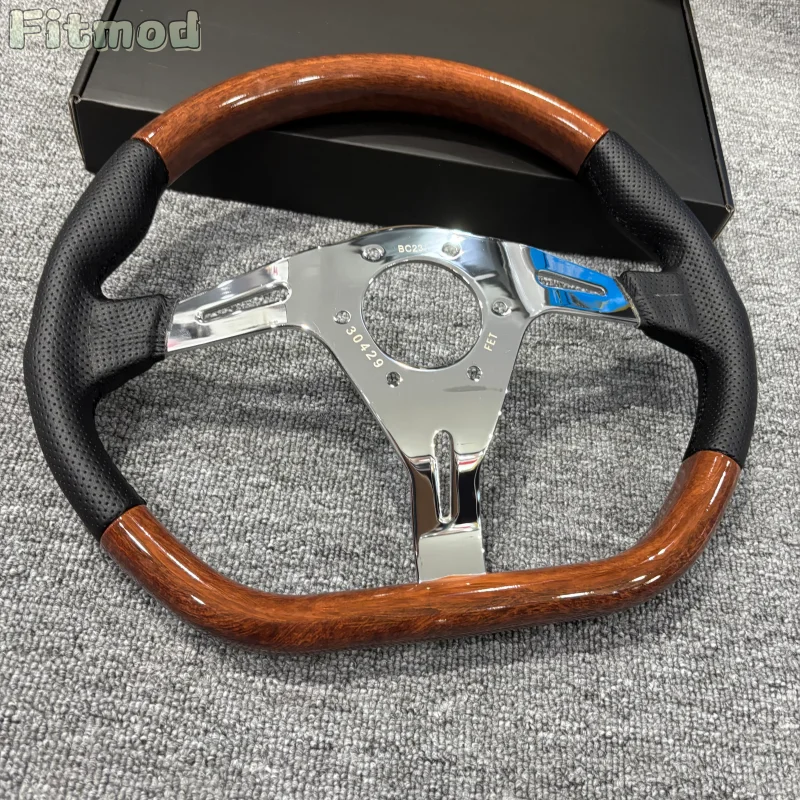 JDM 14-inch 350MM Car Style Wood Grain Steering Wheel Classic D-Shape Half-Moon Racing Steering Wheel PCD 74MM