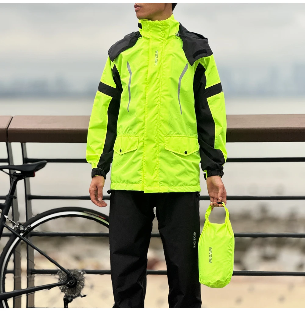 WOSAWE Rainproof Cycling Jacket hooded Waterproof MTB Bike Rain Jacket Wind Coat Outdoor Camping Hiking Riding Raincoat Men