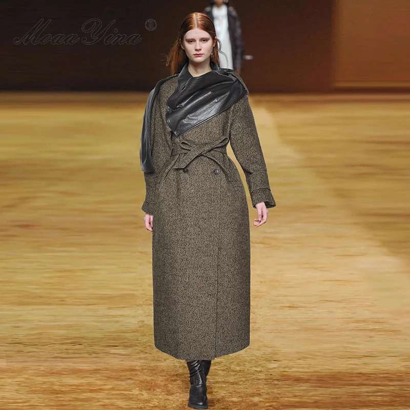 

MoaaYina Flip collar patchwork scarf with double breasted straps, fashionable wool coat jacket 2025 autumn/winter new style