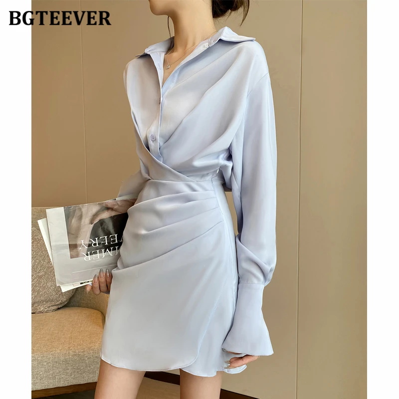 Bgteever stilvolle langärmlige unregelmäßige Mini kleid Frauen elegante schlanke Taille einreihige Hüfte Hemd Kleid für Frauen