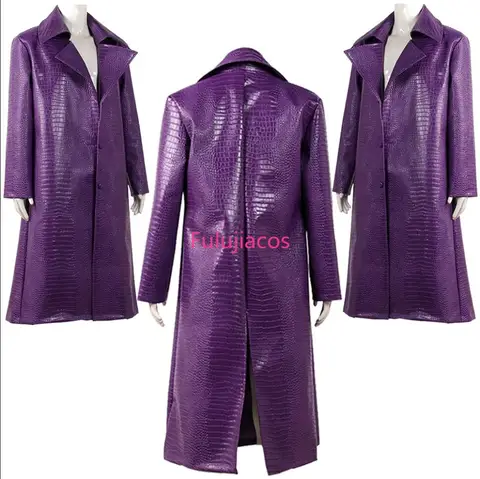 Fulujiacos Joker Cosplay Purple Coat Costume Movie Leather Long Trench Coat