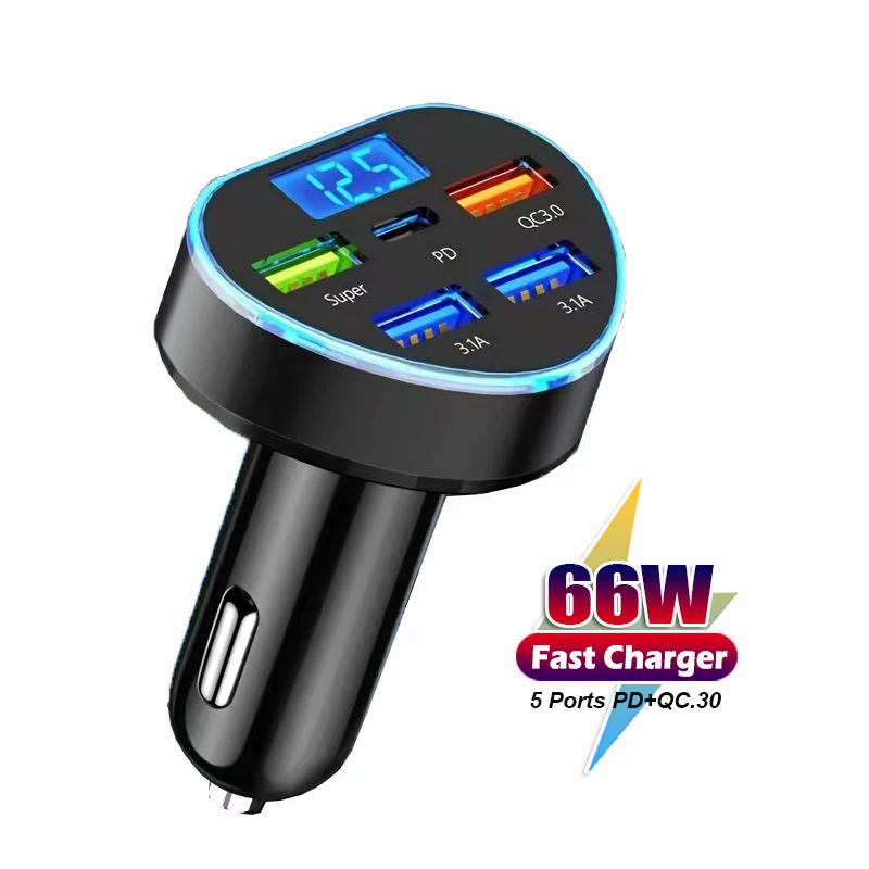 

5 Ports 66W Car Charger Fast Charging QC3.0 PD Quick Charge Phone Power Adapter USB Type C Real Time Voltage Meter Universal