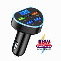 5 Ports 66W Car Charger Fast Charging QC3.0 PD Quick Charge Phone Power Adapter USB Type C Real Time Voltage Meter Universal