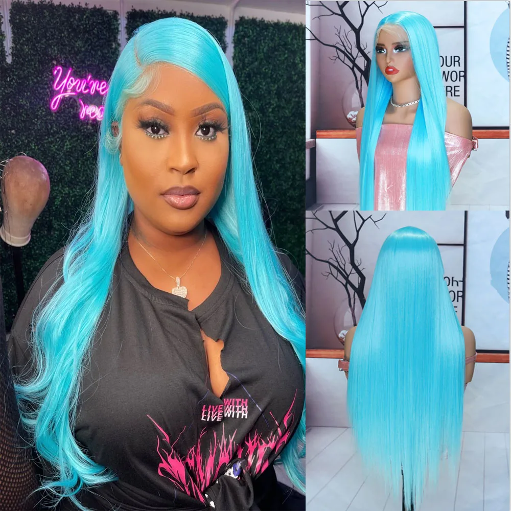 24inch Ice Blue 13x4 Lace Front Wigs Pre Plucked Wear and Go Glueless Long Straight Heat Resistant Synthetic Hair Wigs for Women