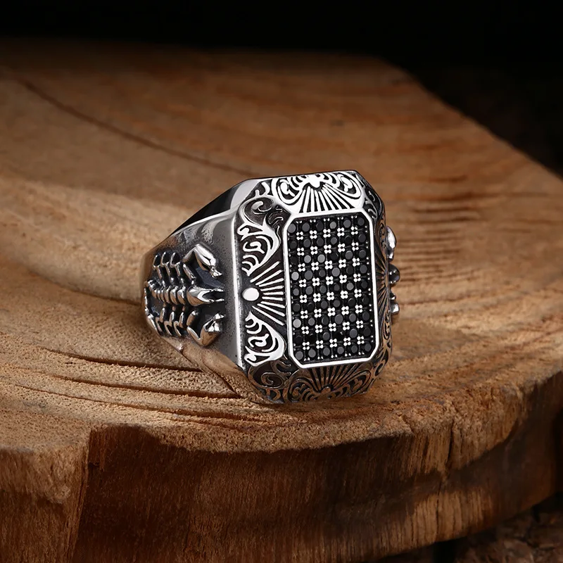 S925 Sterling Silver Scorpion Adjustable Ring Punk Style Old Process Black Zircon Solid Free Size Fine Jewelry FYRNG146