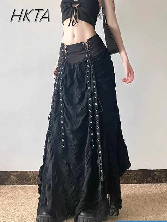 

2025 Autumn Winter New Subculture Punk Style Lace Mesh Splicing Skirt Y2K High Waist Slim Straps A-line Long Skirt Women Faldas