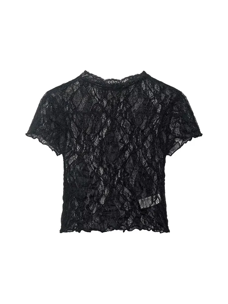 Top Minimalista Negro de Encaje HH para Mujer, Ropa de Trabajo, Camiseta Casual de Manga Corta, Sexy, Estilo Urbano, para Fiestas y Fin de Semana