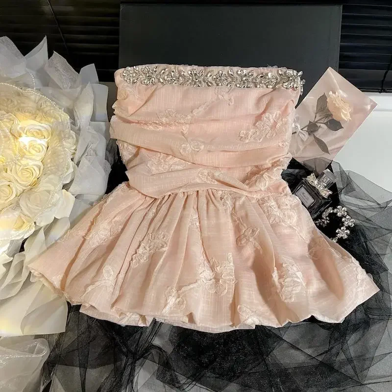 Sexy French Style Small Fragrance Rhinestone Nail Bead Waist Cinching Strapless Chiffon Dress Corset Топ Tanks & Camis Crop Top