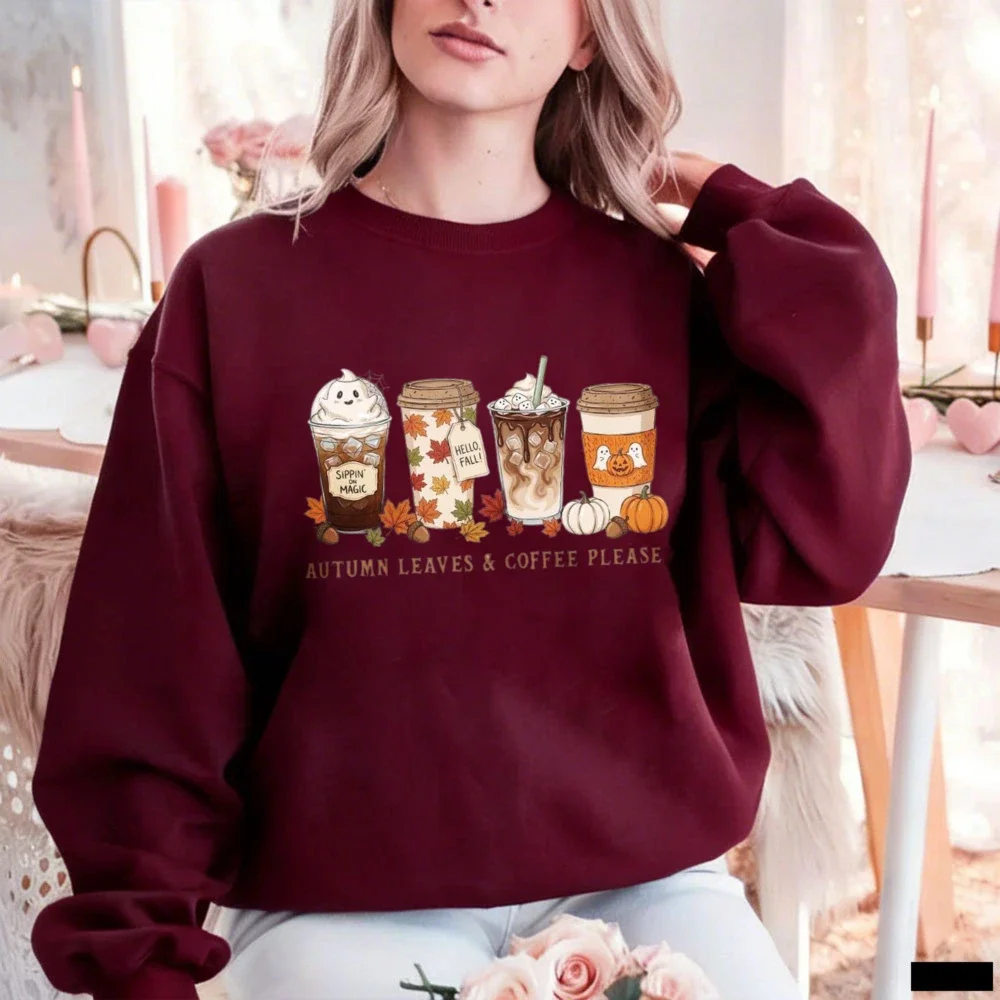 Retro Cozy Autumn Leaves and Coffee Please Sweatshirt Cute Fall Pumpkin Spice Latte Graphic Pullover Women Unisex Winter Top view 3