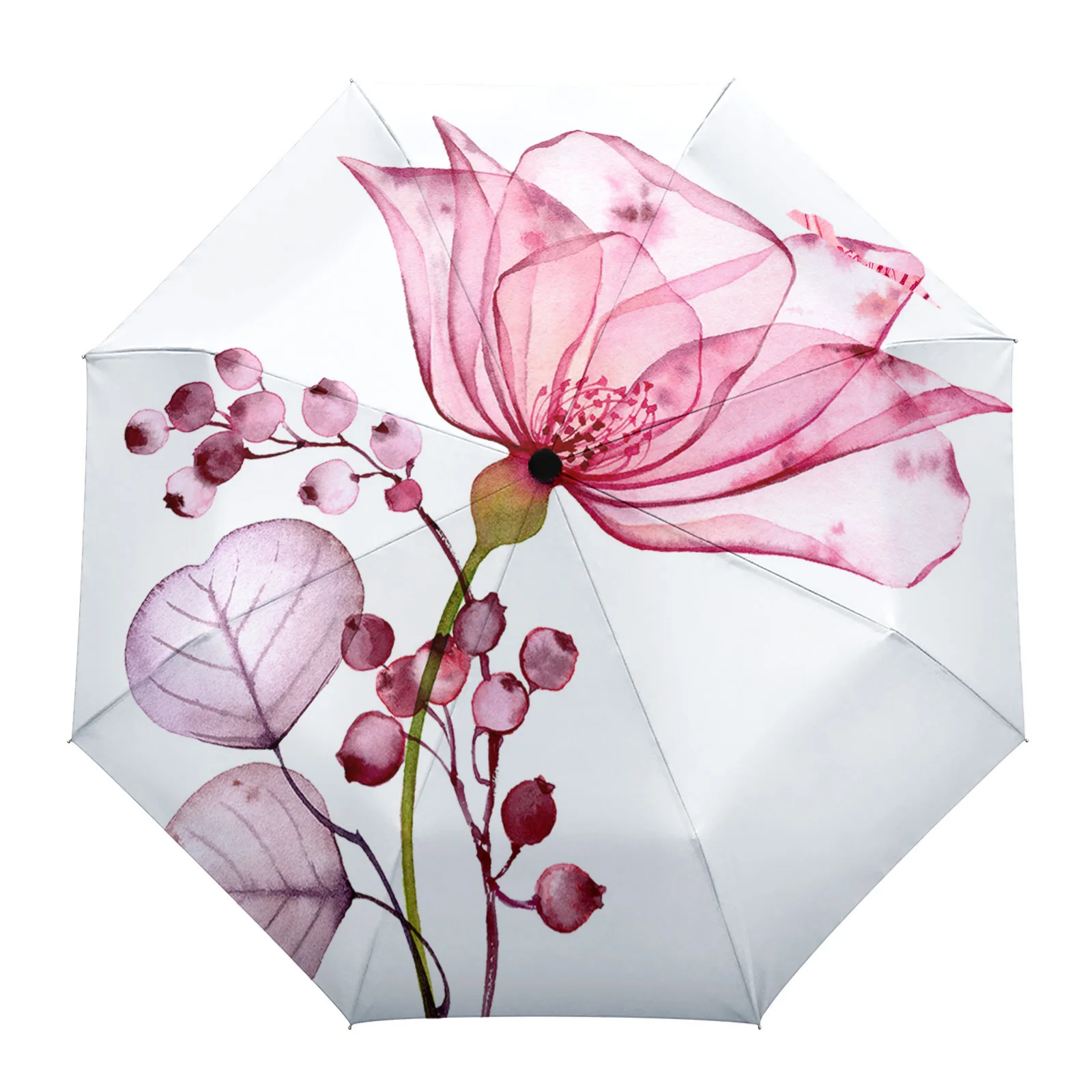 Flowers Transparent Pink Large Fully-automatic Parasol Umbrella Foldable Eight Strand Umbrella for Adults Rain Umbrella