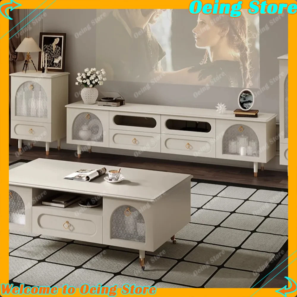 

Luxury Glass Corner TV Cabinet With Elegant Handles Ivory Entertainment Stand Aesthetic Design Home Decor Stylish Furniture