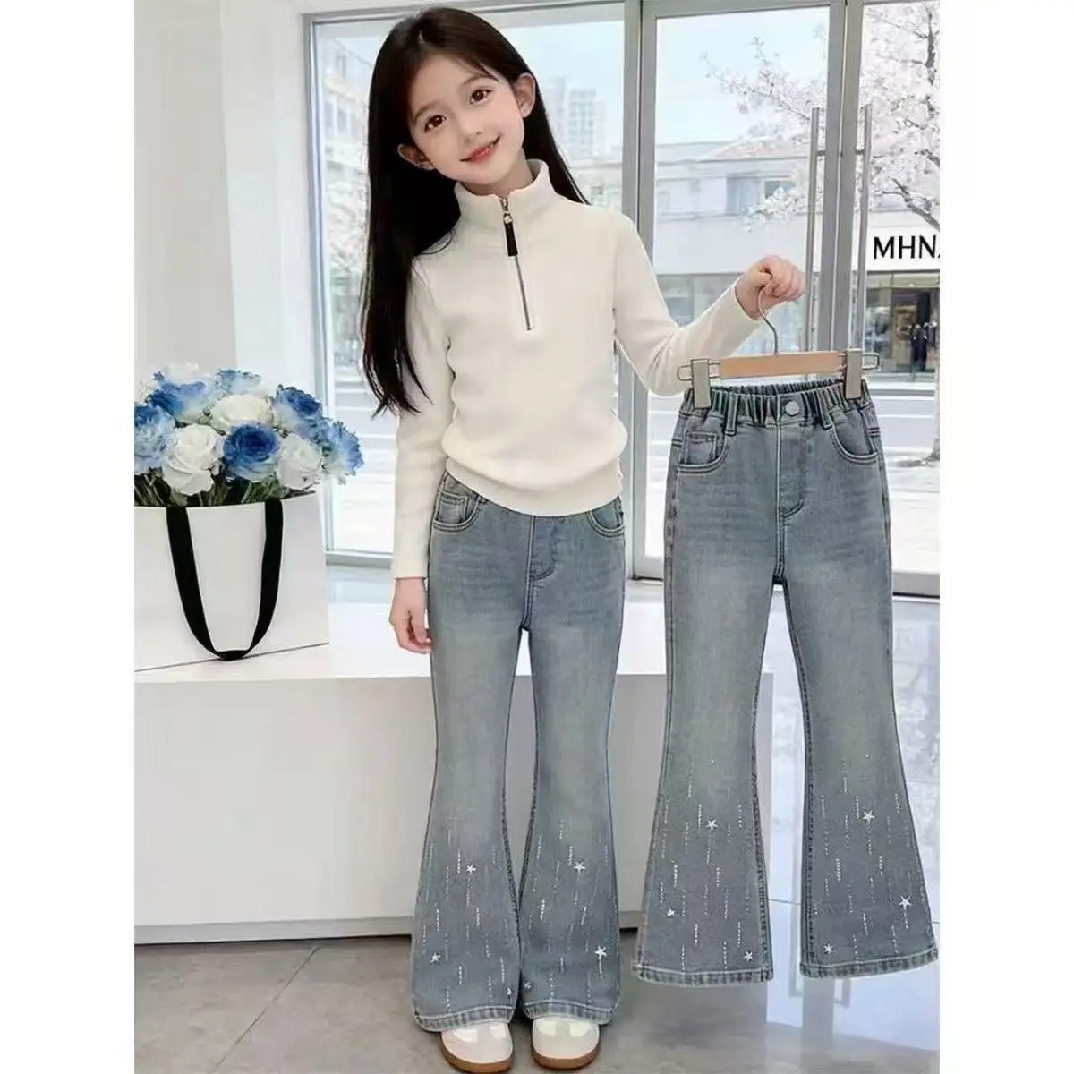 New Girls' Hot Diamond Jeans Spring and Autumn Children's Korean Edition Slim fit Micro flared Pants