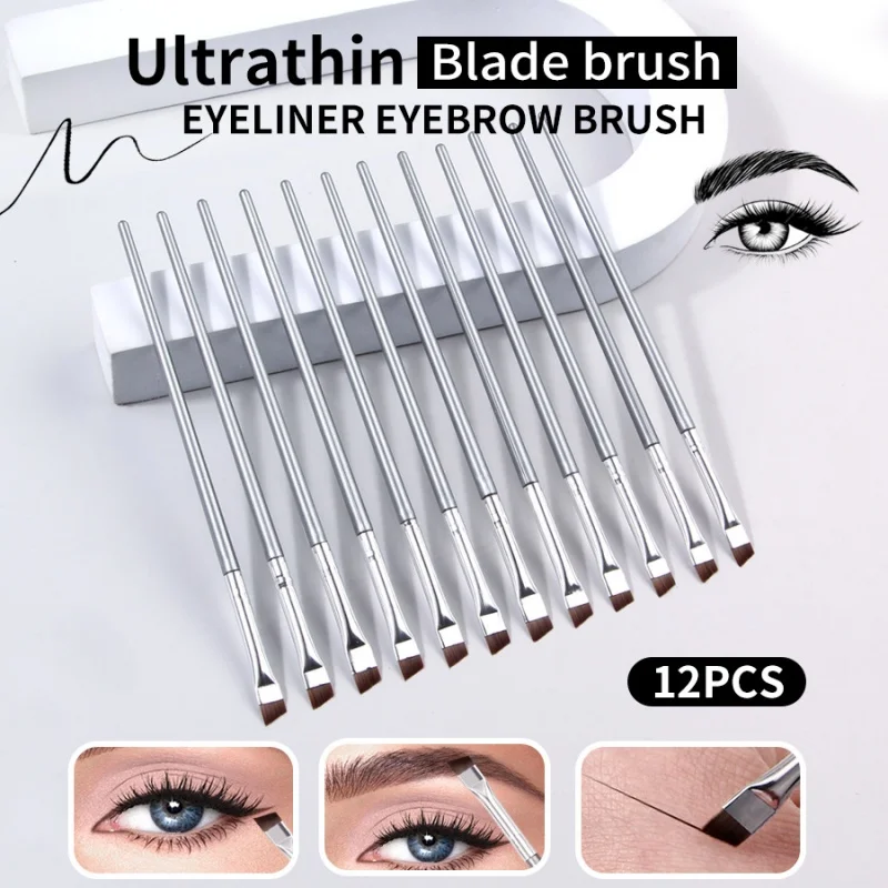 12pcs silvery Sickle Eyeliner Brush Portable Eyebrow Brush Liquid Eyeliner Brush Ultra Thin Fine Blade Oblique Makeup Brush