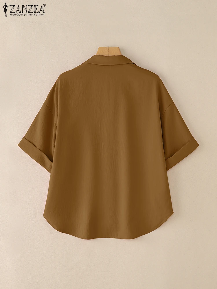 ZANZEA قمصان عصرية 2025 بلوزة كورية أنيقة بلون سادة للسيدات قطع علوية صيفية تونك نصف كم وطية صدر السترة بلوزات نسائية فضفاضة غير رسمية