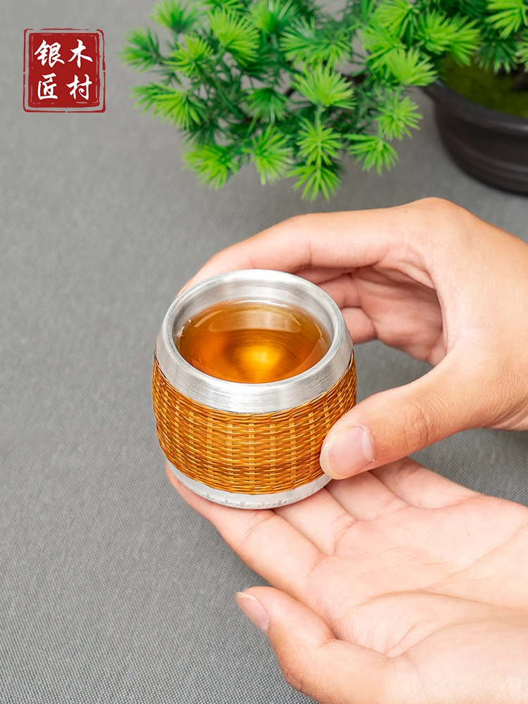 Silver Cup 999 Sterling Silver Tea Cup Bamboo Weaving Authentic Men's Pure Handmade Tea Set Home Kung Fu Tea Cup Master Cup