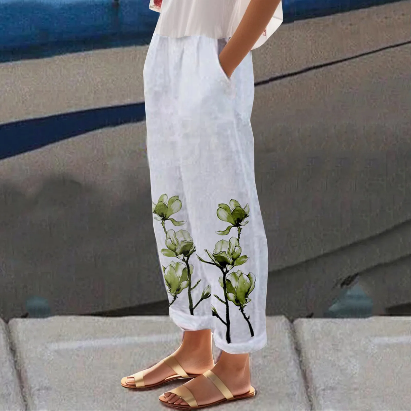 

Summer Print Casual Women Straight Trousers Full Length Summer Elegant Elastic Waist Pants Bottoms Harem Pants For Daily Wear