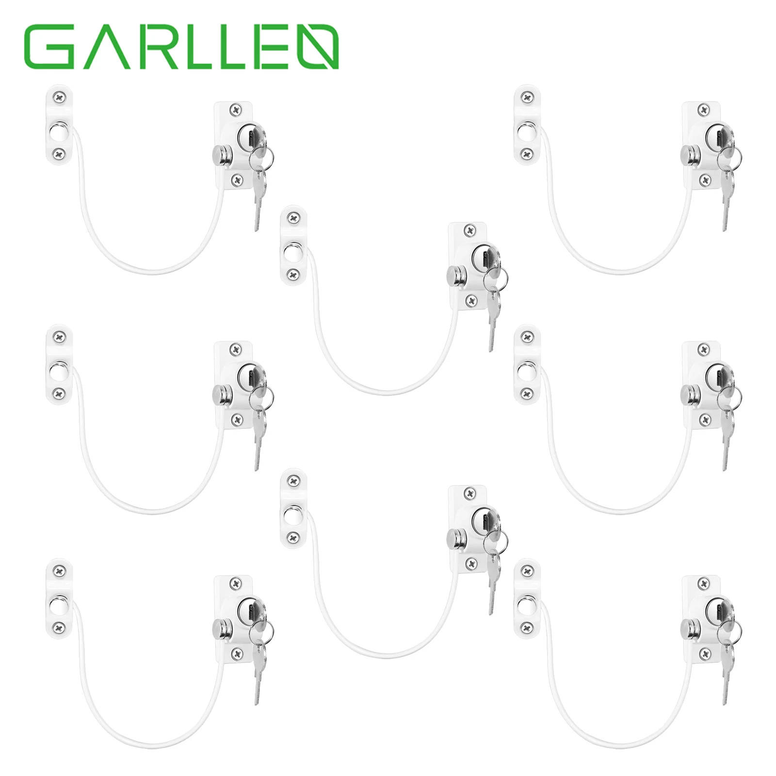 GARLLEN 8 x Window Door Security Restrictor Locking Cable Wire Lock Child Baby Safety lock White 32x Self Drilling Screws 8 Keys