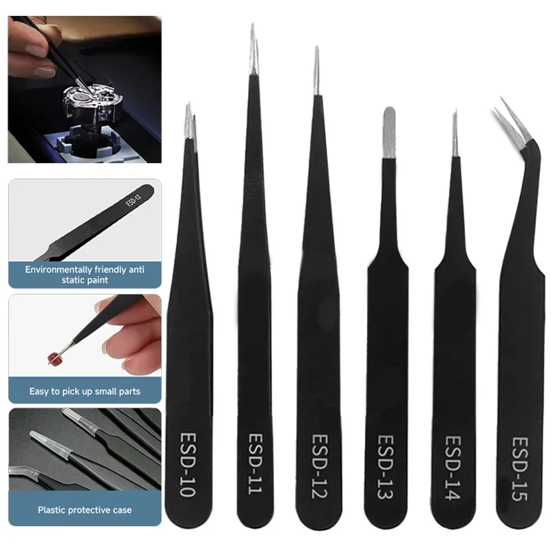 6pcs/set Portable Watch Repair Tools Anti-Static Stainless Steel Tweezers Clamping Tool Straight Bend for Watchmaker Accessories