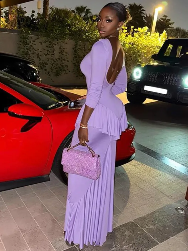 القطب الشمالي القط أنيقة طويلة الأكمام جولة الرقبة كشكش فستان طويل المرأة مثير عارية الذراعين مطوي فستان الخريف الشتاء فستان الحفلات المسائية