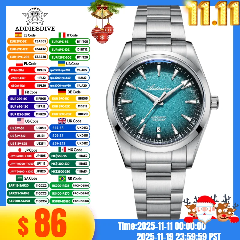 

ADDIESDIVE Watch For Men BGW9 Blue Luminous AD2527 316L Stainless Steel 100m Waterproof 8215 Movement Automatic Mechanical Watch