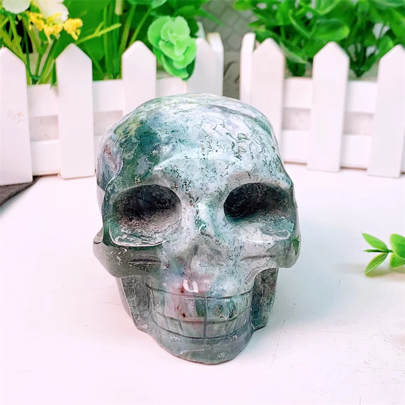 

Natural Moss Agate Skull Carvings, Mini Statue Figurine, Crystal Room Decor, Halloween Decoration, Witchcraft Gift, 1Pc, 826G