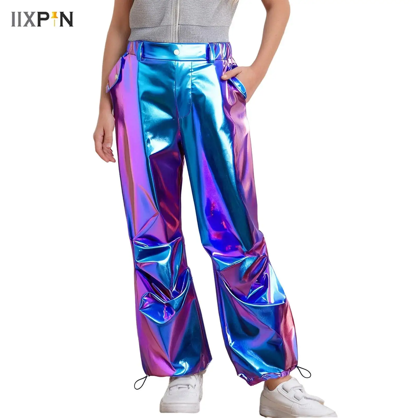 

Kids Girls Jazz Dance Hip-Hop Dance Pants Fashion Glossy Ruched Metallic Cargo Pants Drawstring Leg Opening Trousers Streetwear
