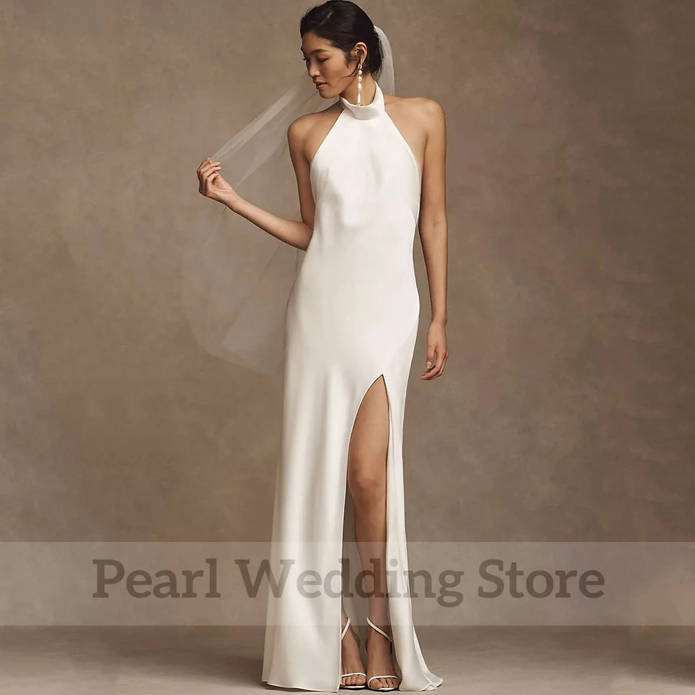 Halter High Neck Sleeveless Sheath Wedding Dress Floor Length Side Slit Bridal Sexy Open Back with Sweep Train Buttons Gowns