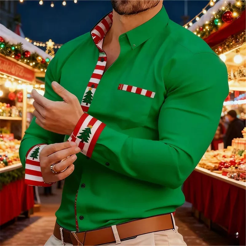 

Мужская рубашка с длинным рукавом «Рождественская елка» 2025 года, однотонная мужская рубашка с принтом для семейной вечеринки