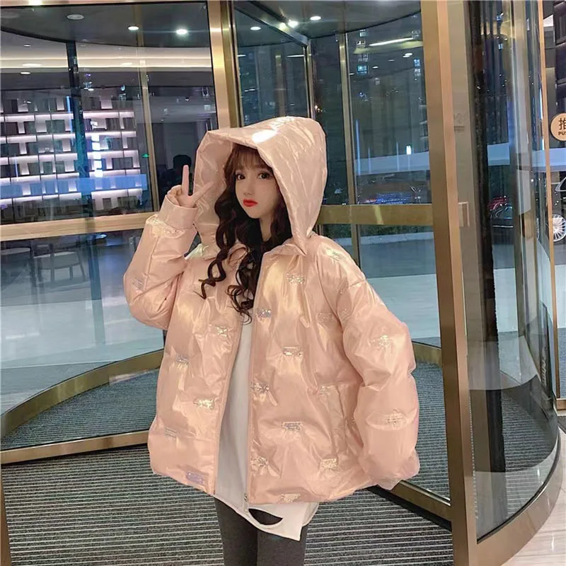 2023 Winter New Stand Collar Cotton Padded Casual Jacket Women Bright Print Hooded Parkas Thick Warm Chic Fashion Coats