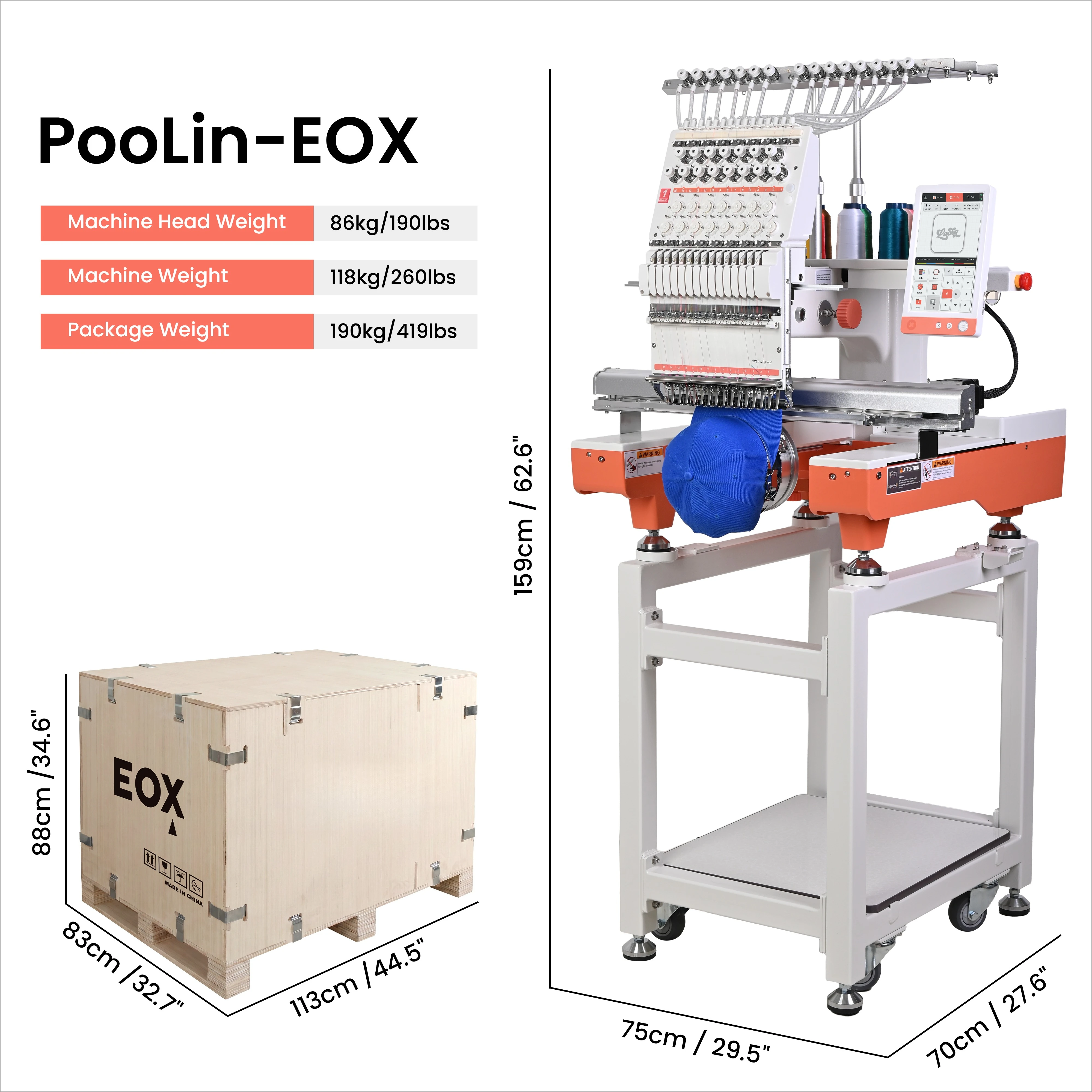 PooLin EOX Multi Needles Embroidery Machine 350*500mm 1200SPM Touch Screen USB & WiFi for Beginner