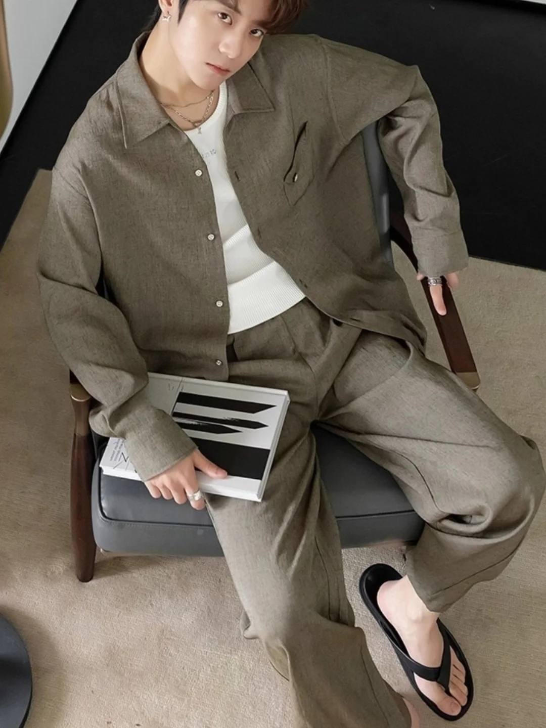 

Мужской комплект из хлопка и льна в корейском стиле: рубашка с длинным рукавом и брюки, большие размеры, модная спортивная одежда для осени