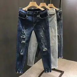 New Kpop Luxury Clothing Men's Casual Slim Fit Denim Jeans with Holes Spring Autumn Stretch Cowboy Streetwear Boyfriend Jeans
