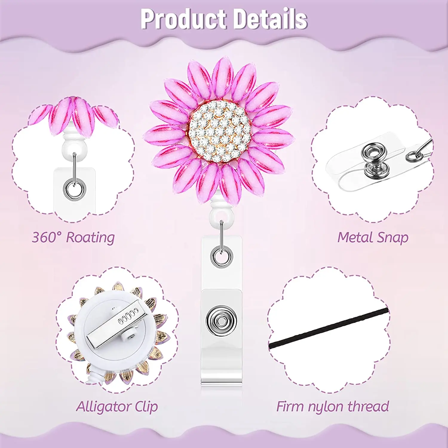 6Pcs Flower Retractable Name Card Badge Holder with Alligator Clip Rhinestone Retractable Badge Reel ID Badge Reel Clip