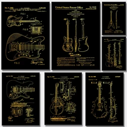 Black Gold Music Guitar Patent Poster Canvas Prints Minimalist Nordic Musical Instruments Room Living Room Bedroom Home Decor