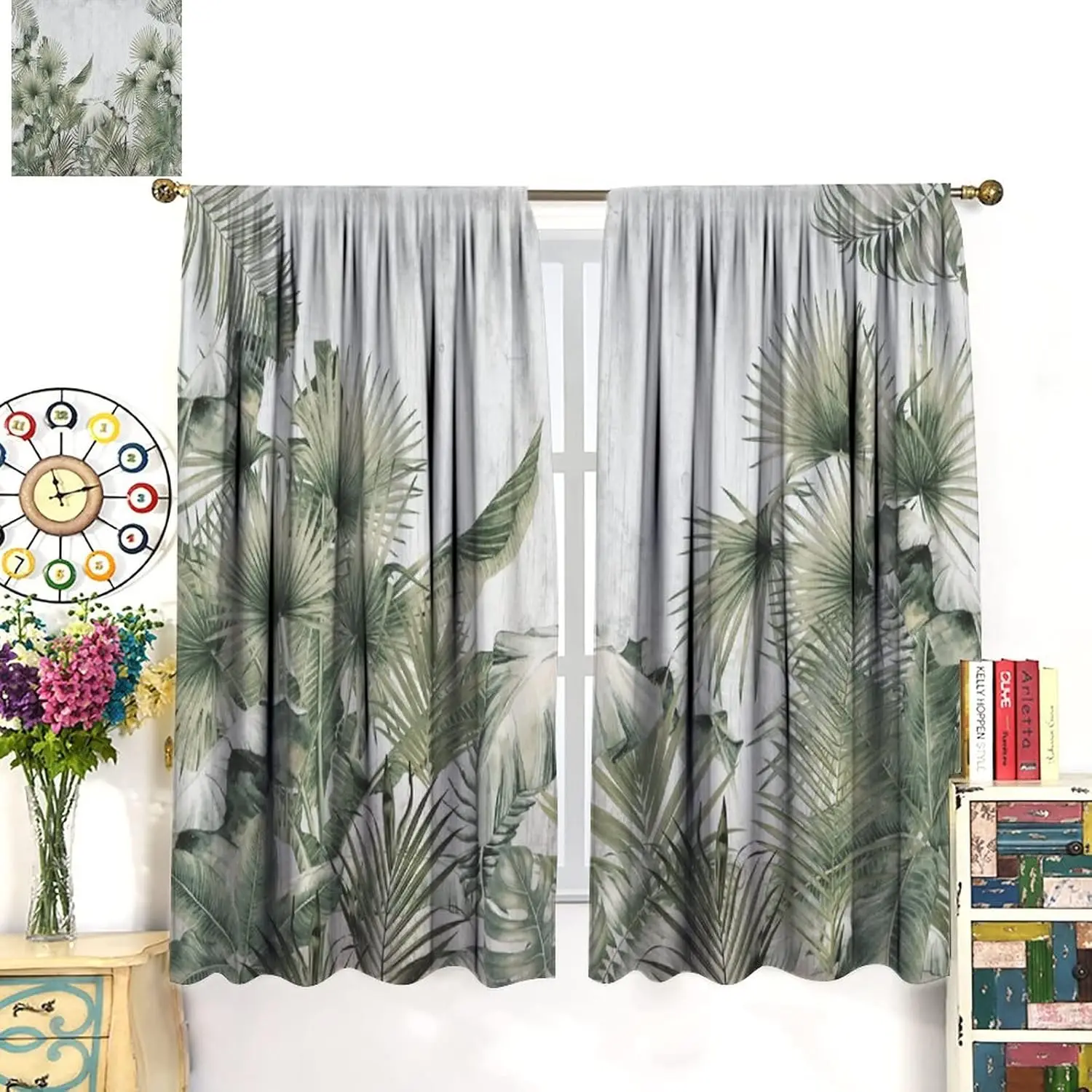 Tropical Curtains, Vintage Tropical Plant Tree Illustration in Foggy Forest, Bedroom Living Room Decorative Room Noise Reduction