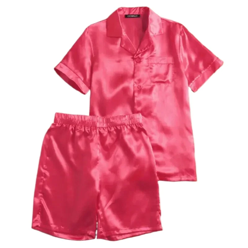 

FYXLJJ Fashion Mens Silky Satin Pajamas Set Luxury Solid Color Short Sleeves Button T-Shirt with Elastic Waist Shorts Sleepwear