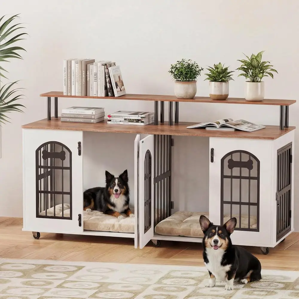 

Heavy-Duty Indoor Wooden Dog Crate for Medium/Large Dogs, Removable Divider, 6 Wheels, Storage, White