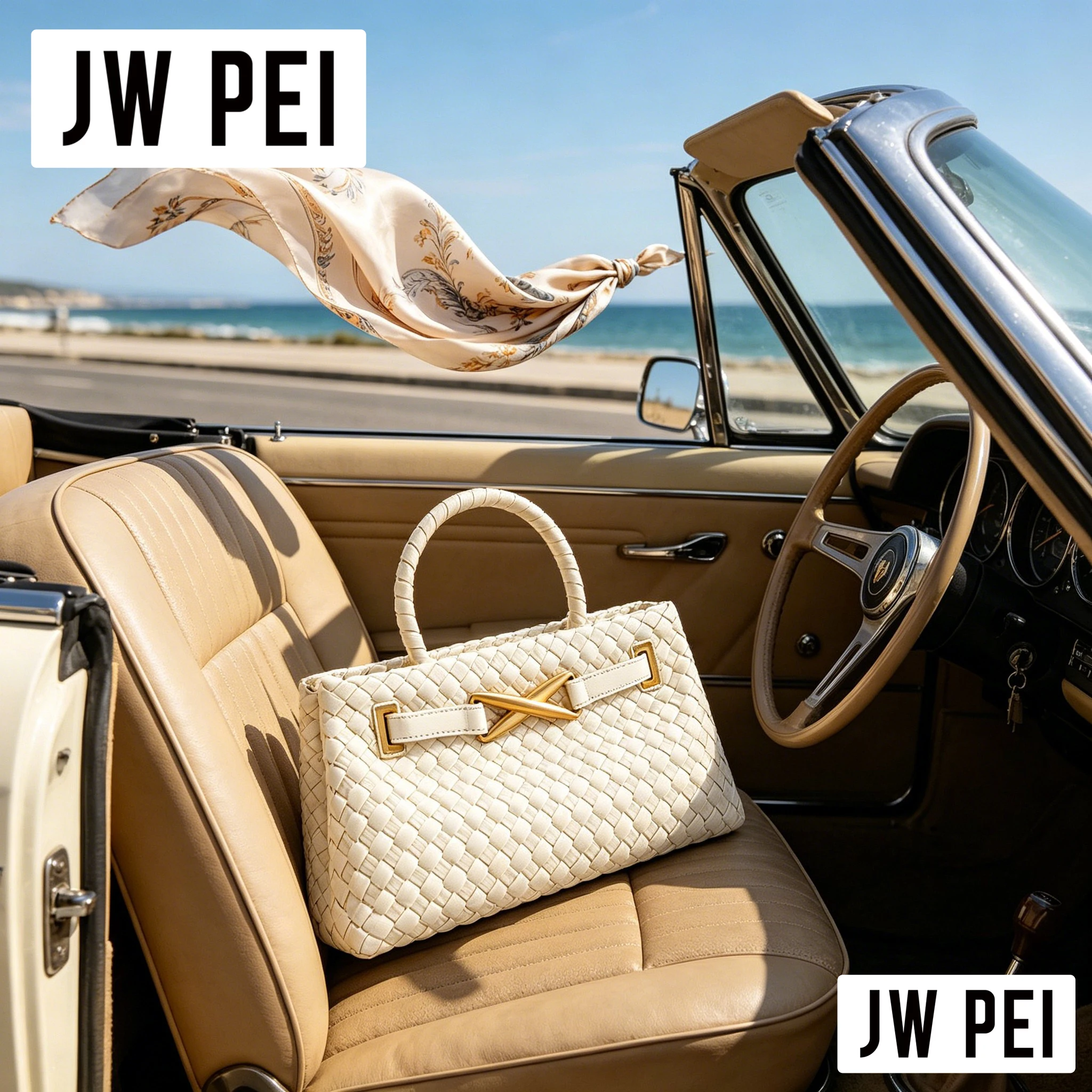 

2026 Trend JW PEI Black Braided Leather Handbag Ladies Luxury Woven Texture Small Rectangular Designer Top Handle Bag