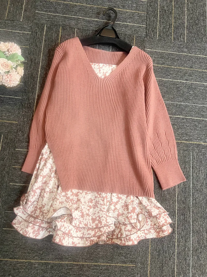 Kuzuwata Sweet V Neck Long Sleeve Knit Sets Jumper+sling Print Ruffles Dress Japan New 2024 Spring Fashion Elegant Suit Vestidos