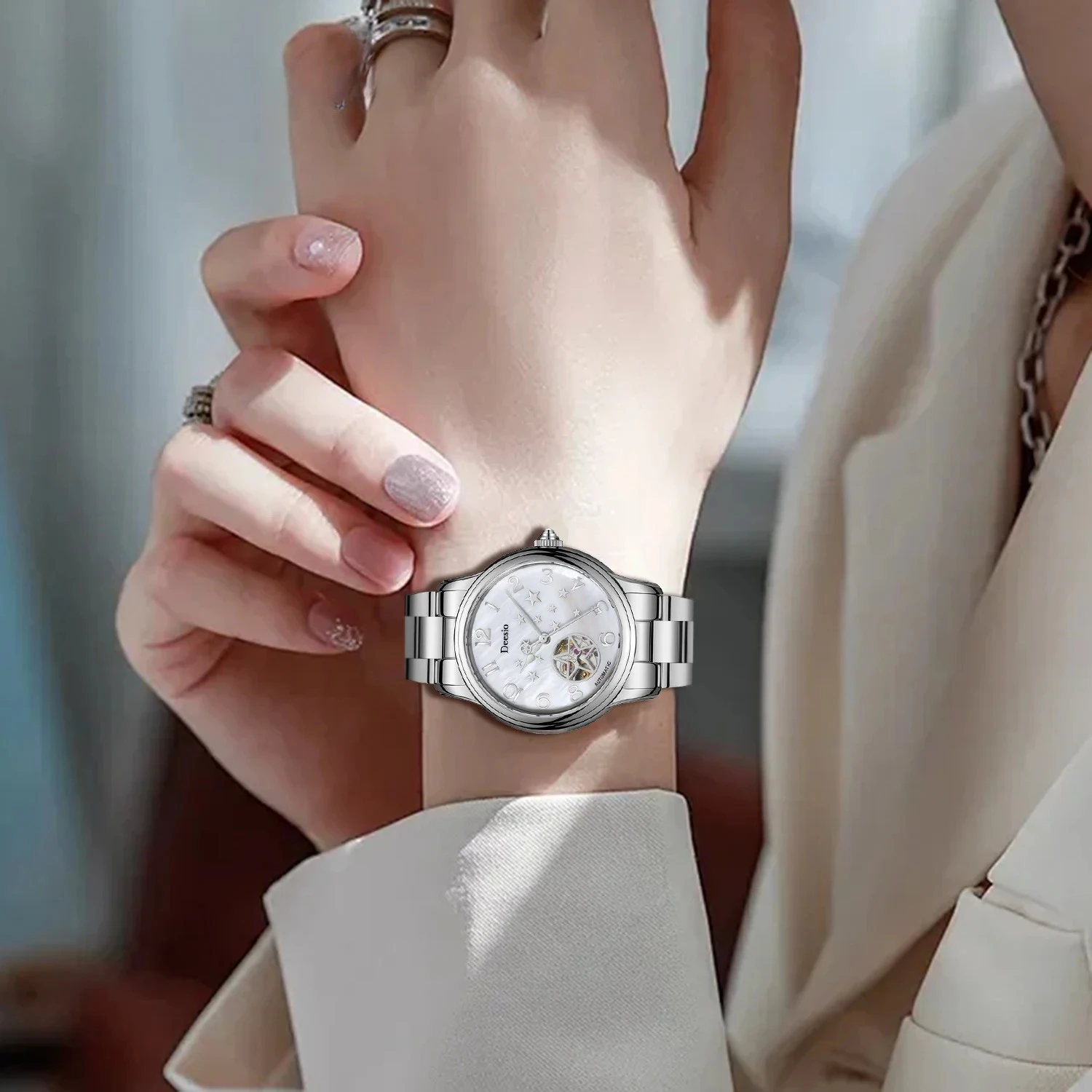 Deesio Women Automatic Mechanical Watch Skeleton Dial Stainless Steel Hardlex Glass Leather 50M Waterproof Luxury Watch Gift