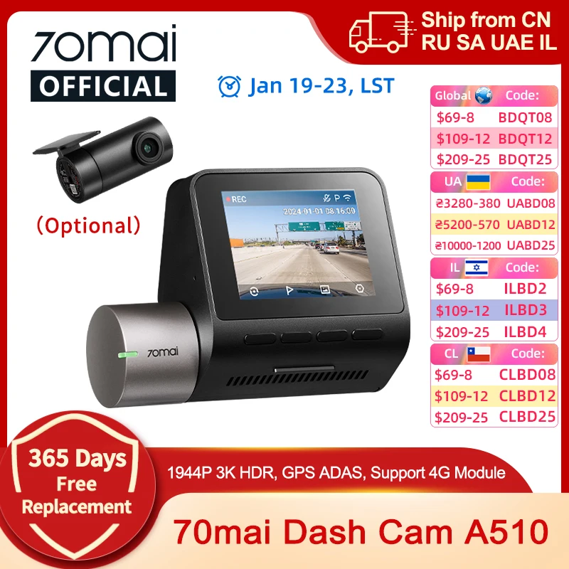 70mai Dash Cam A510 1944P HDR GPS ADAS 4G conectividad 70mai 4G cámara frontal A510 coche DVR 24H soporte de estacionamiento cámara trasera