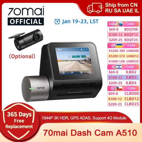 70mai Dash Cam A510 1944P HDR GPS ADAS 4G conectividad 70mai 4G cámara frontal A510 coche DVR 24H soporte de estacionamiento cámara trasera