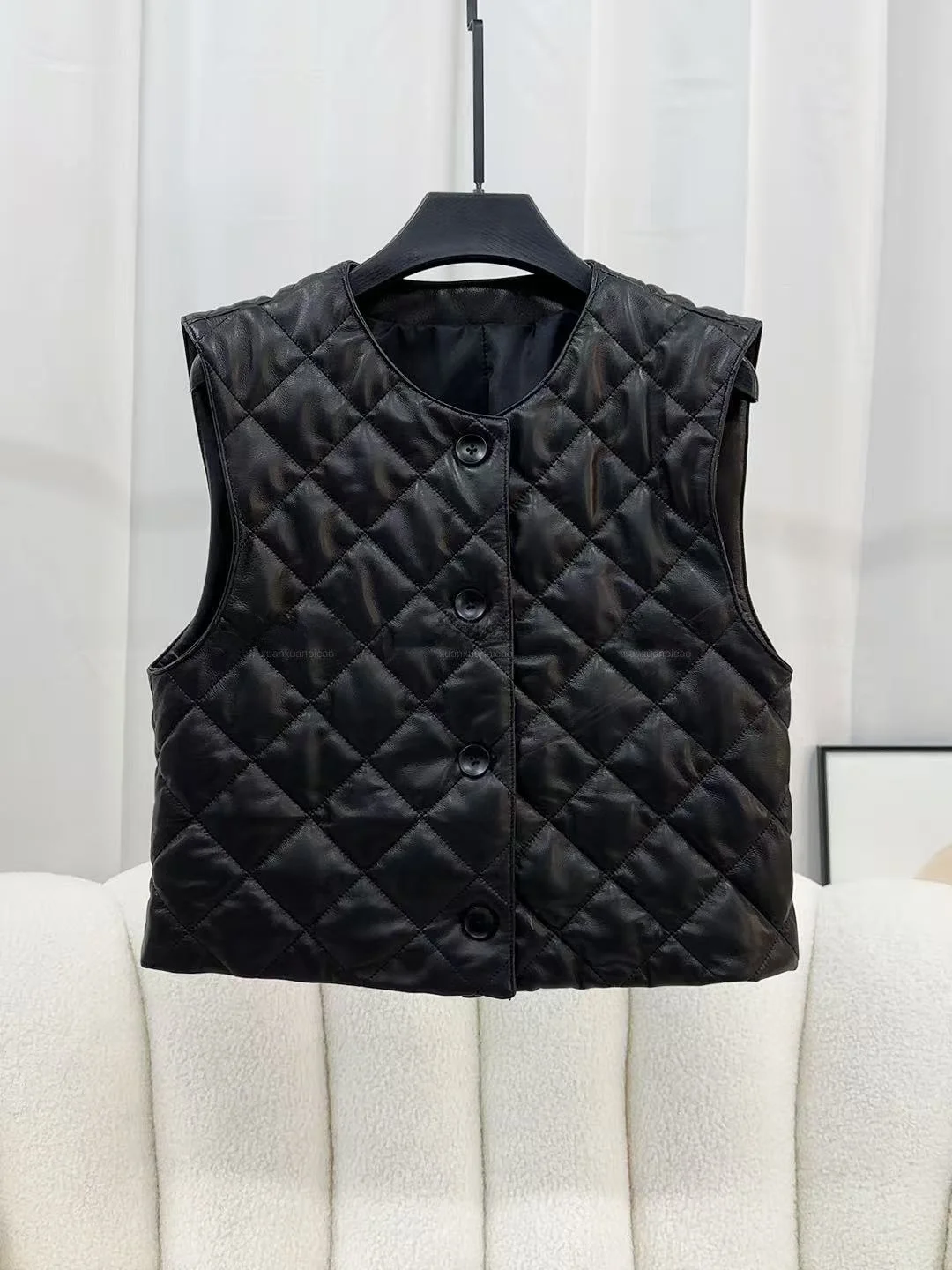 

2025 New Women's Genuine eepskin Leather Vest ort Sve Outerwear Slimming Trendy Faionable Commute Sle Long Sve