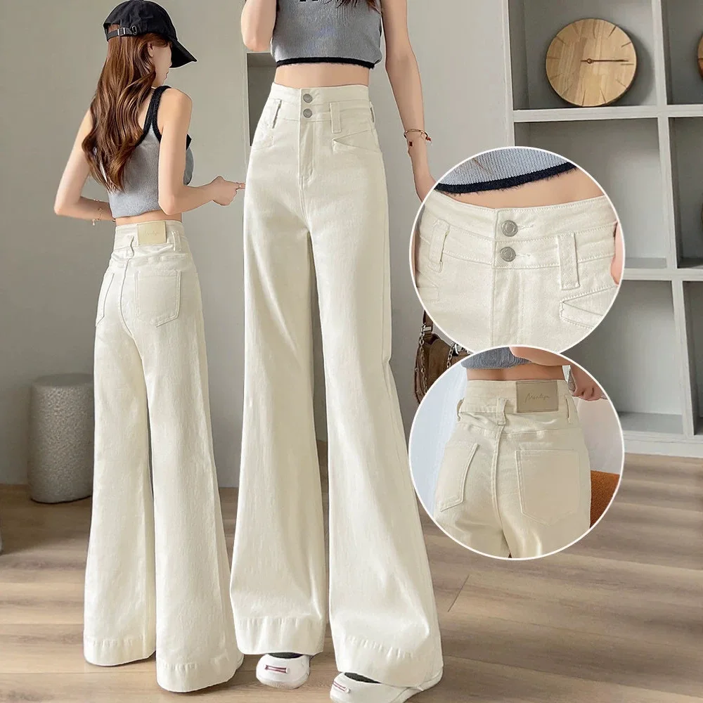 Milk White Denim Wide Leg Pants Women Summer High Waist Loose Trouser Palazzo Jeans Overall Jumpsuit Playsuit